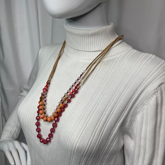 LOFT  Ann Taylor gold tone necklace beaded suede cord peach white pink beads - Picture 1 of 11